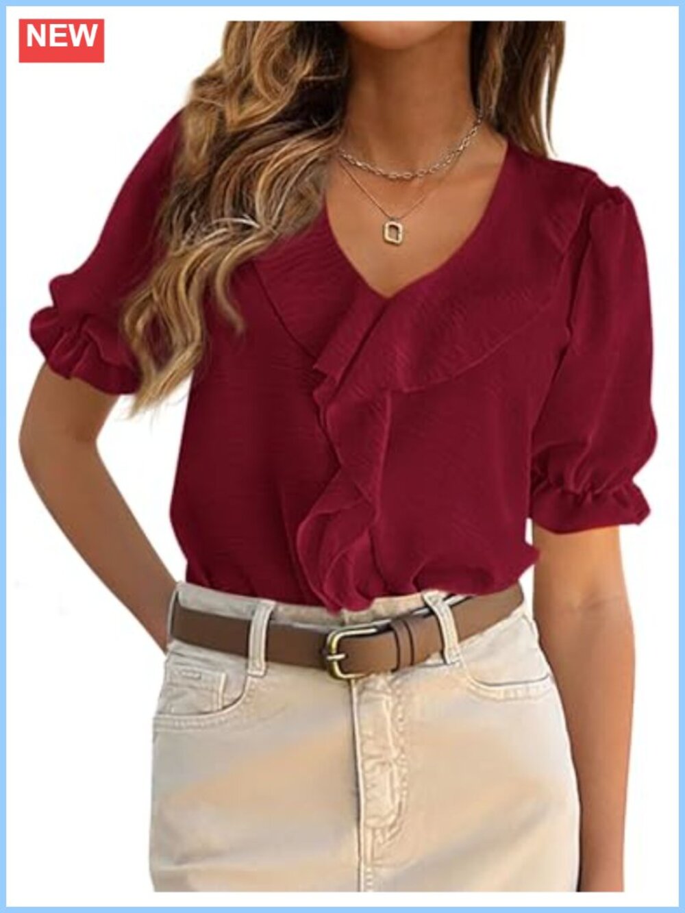 Womens Ruffle V-Neck Blouse Short Sleeve Dressy Casual Top
